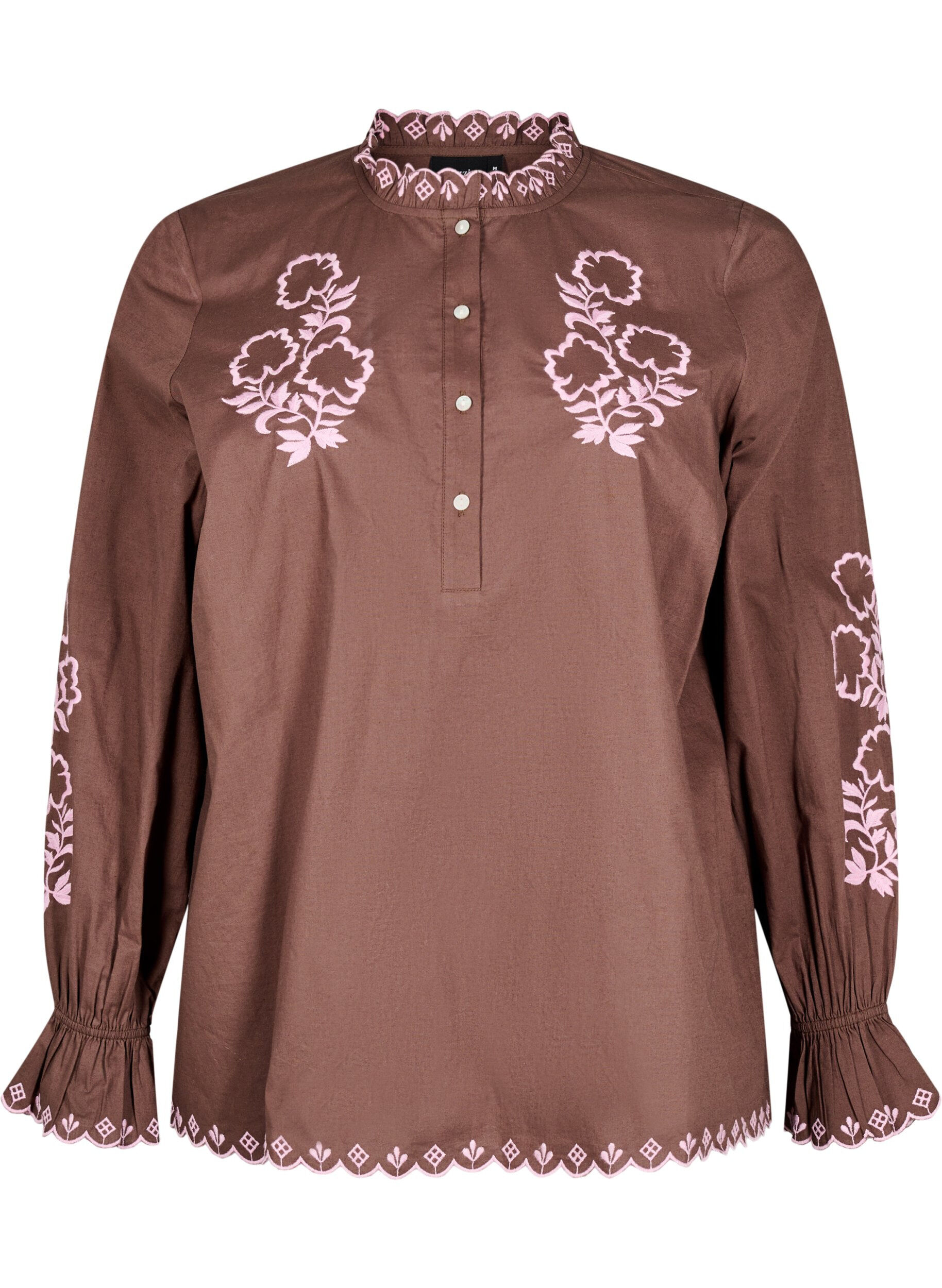 Zizzi Blus med broderi och volangdetaljer, Brun, Packshot image number 0