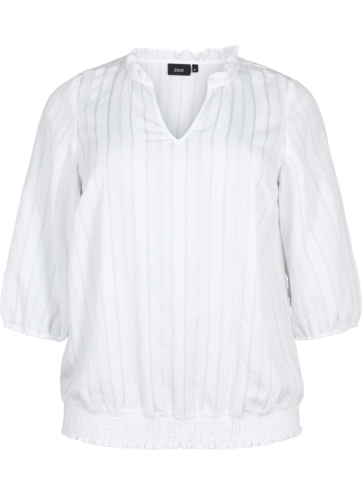 Viskosblus med 3/4-ärm och smock, Bright White, Packshot image number 0