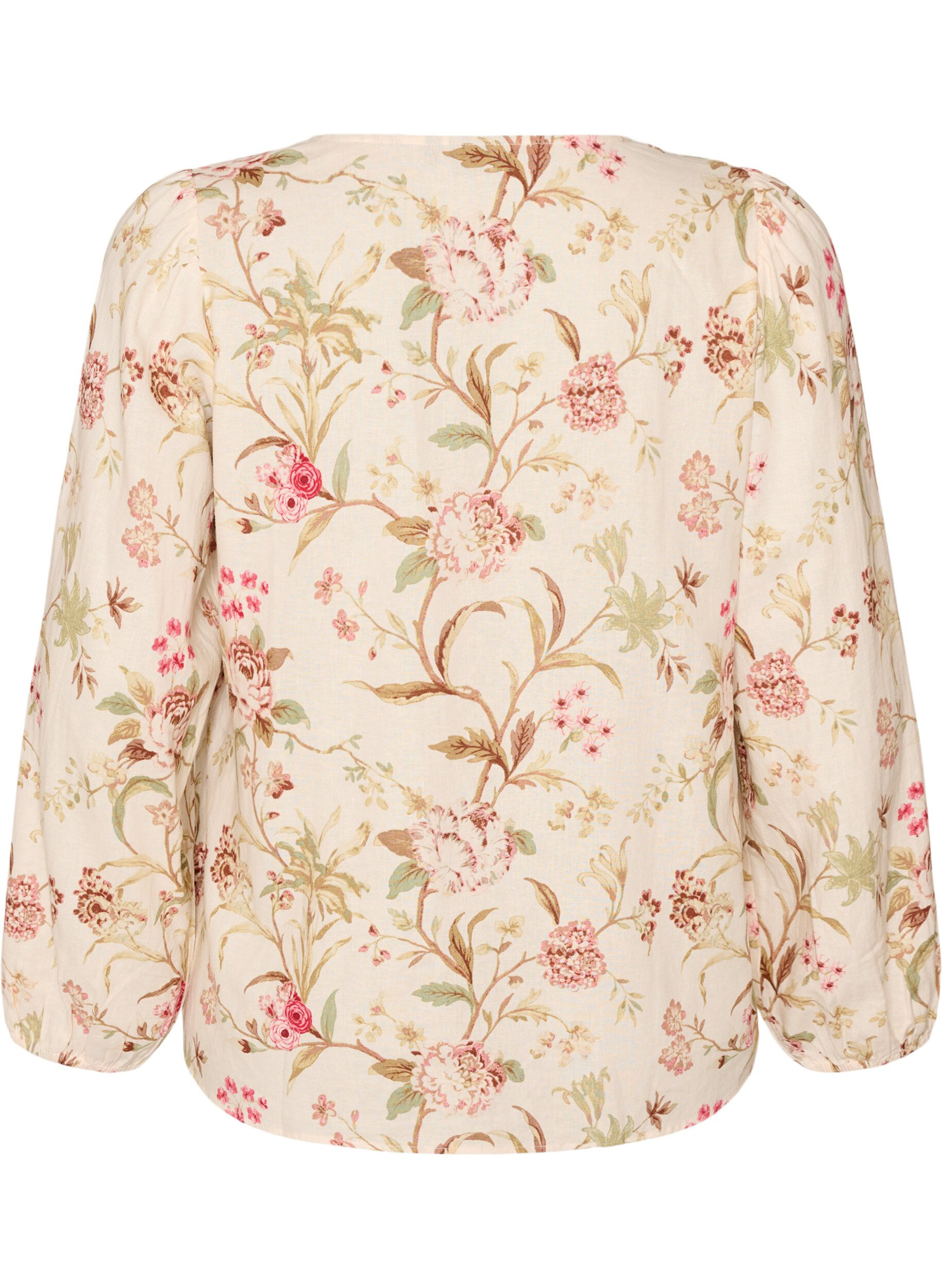 ZizziBlommig blus i linne och viskos med l&aring;nga &auml;rmar, Vanilla, Packshot image number 1