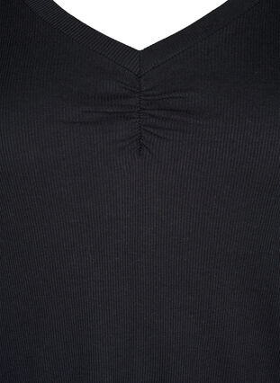 Ribbad blus med lång ärm och V-ringning, Black, Packshot image number 2