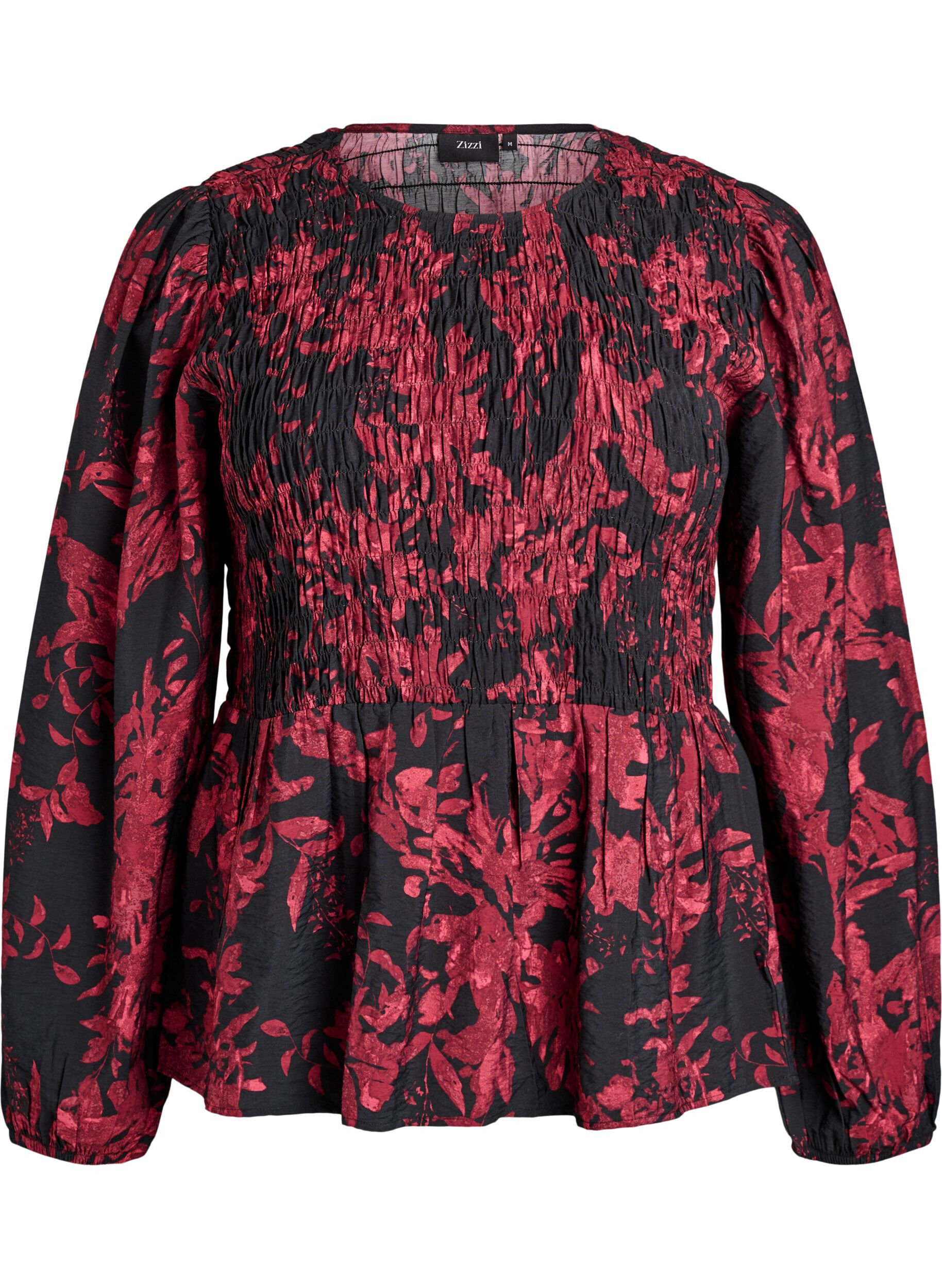 ZizziBlus med smock och l&aring;nga &auml;rmar, Svart, Packshot image number 0