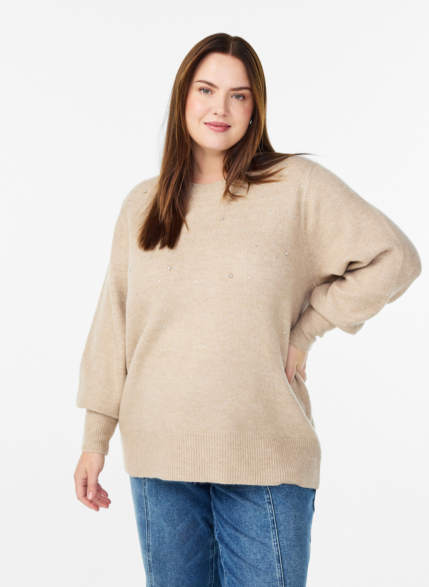Stickad blus med strass, Beige, Model
