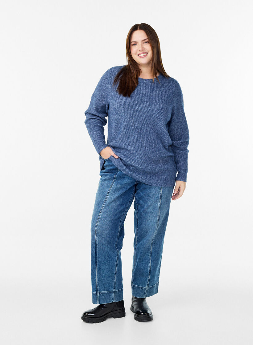 Melerad stickad blus med rund hals, Blå, Model image number 1