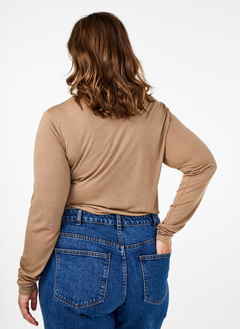 L&aring;ng&auml;rmad blus i ull och viskos, Brun, Model image number 2