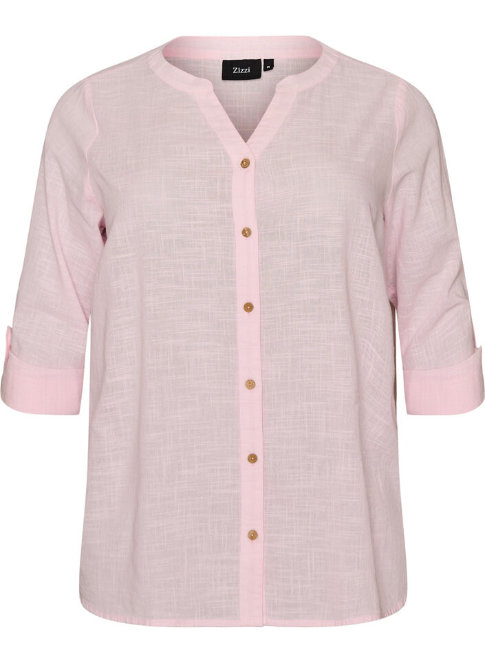 Bomullsblus med v-ringning, Rosa, Packshot image number 0