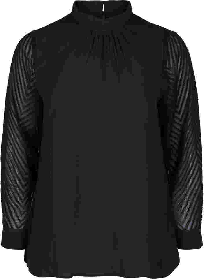 Höghalsad blus med långa transparenta ärmar, Black, Packshot image number 0
