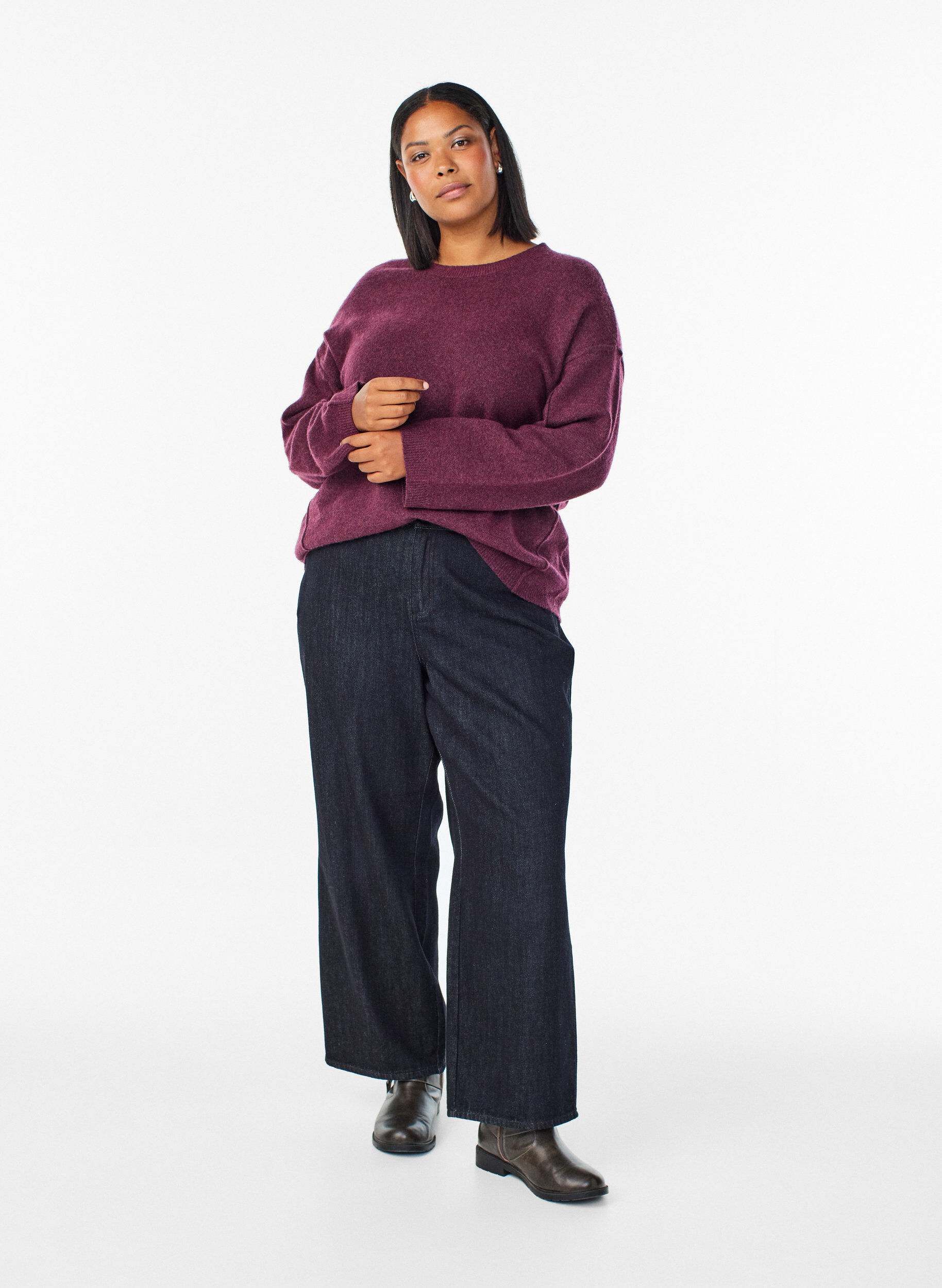 ZizziL&ouml;st stickad tr&ouml;ja med framtr&auml;dande s&ouml;mmar, M&ouml;rk Bordeaux, Model image number 1