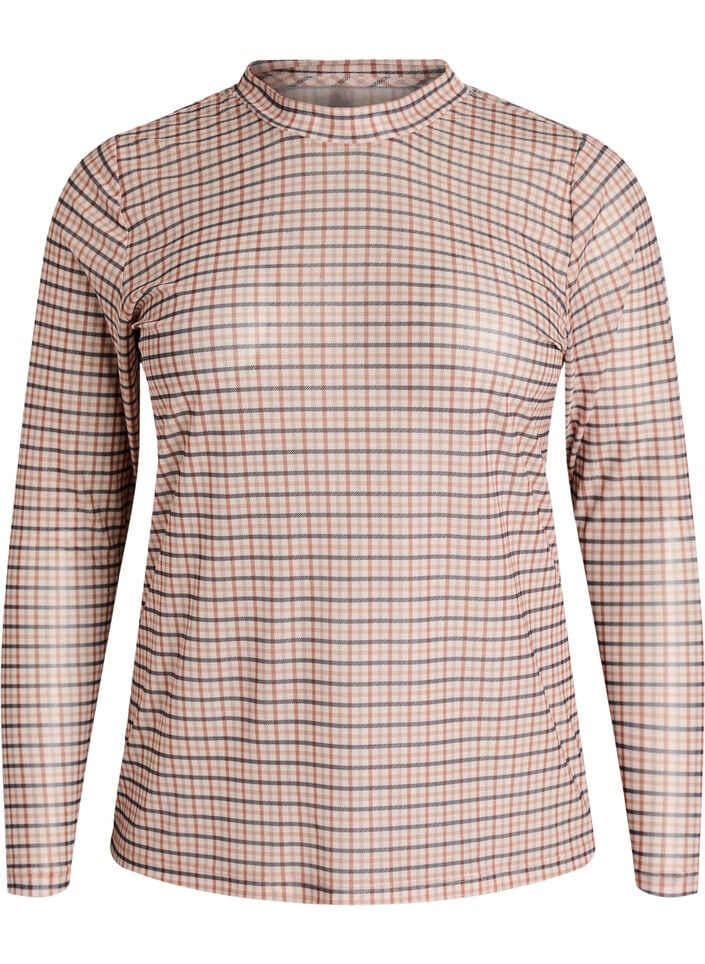 Rutig blus i mesh, Beige, Packshot