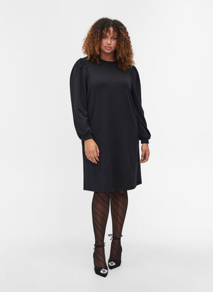 Sweatshirtklänning med ballongärmar, Black, Model image number 2