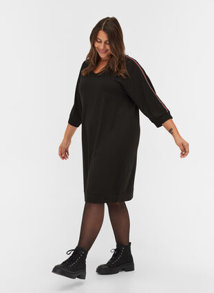 Klänning med 3/4-ärmar och revärer, Black, Model image number 2