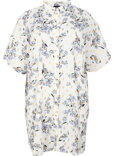 Lång skjorta med blommigt mönster, White Flower/Gold, Packshot image number 0