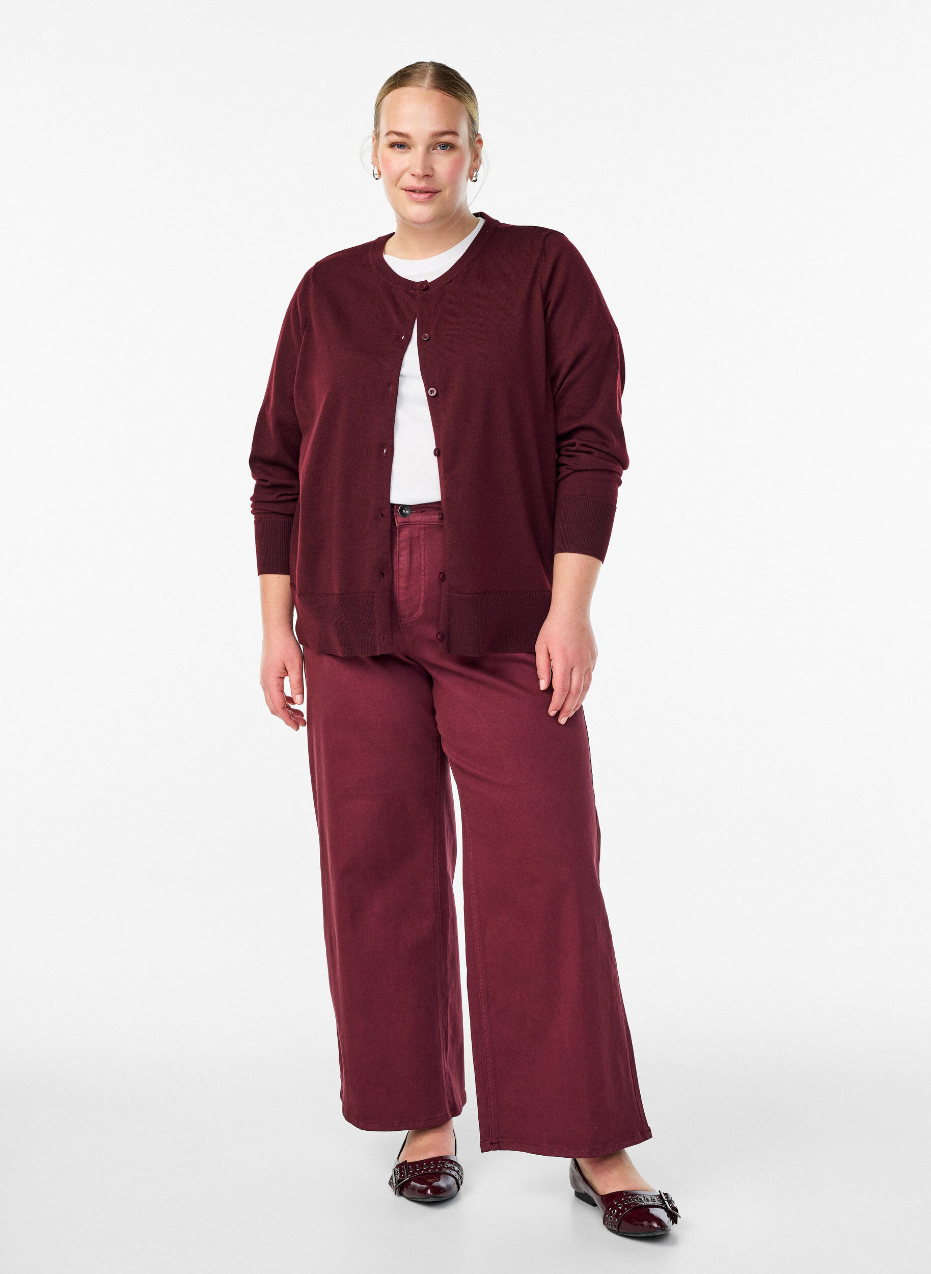 Zizzi Finstickad kofta med rund halsringning, R&ouml;d, Model image number 1