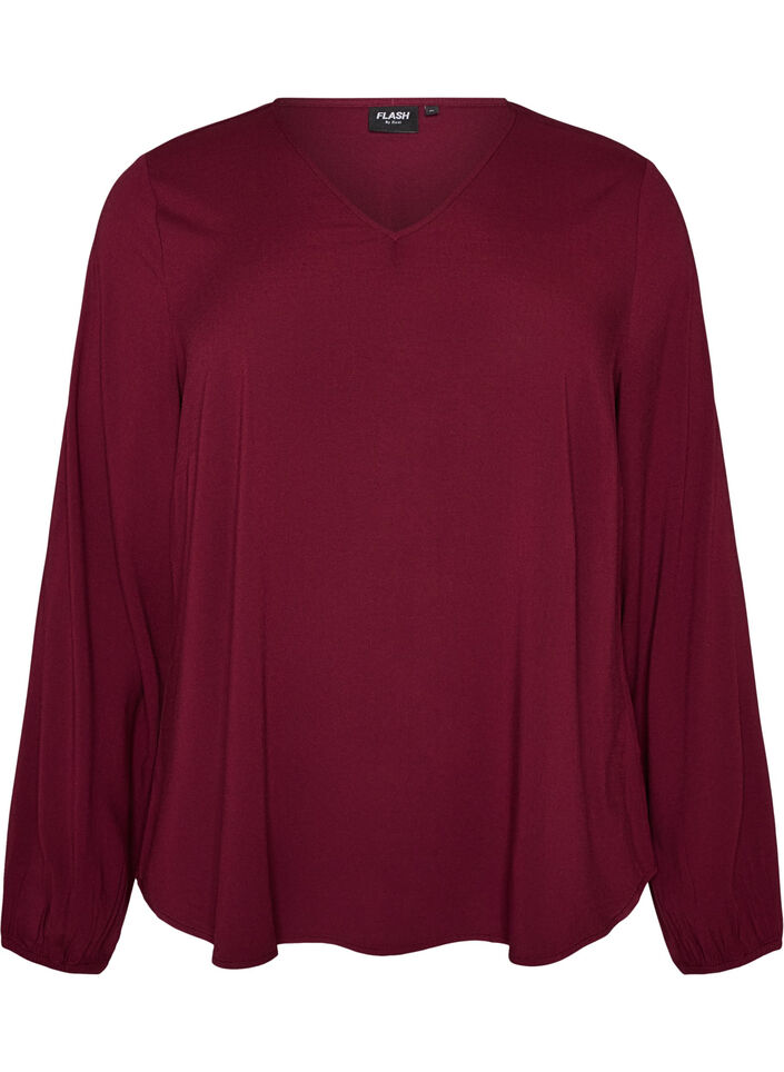 Blus i viskos med v-ringning och rundad nederkant, R&ouml;d, Packshot image number 0