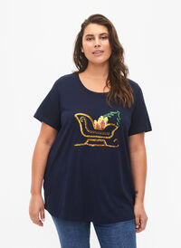 T-shirt med jultryck och paljetter, Navy Blazer SLATE, Model