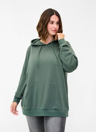 Sweatshirt med huva och ficka, Thyme, Model image number 0