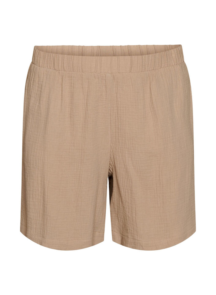 Shorts i bomullsmuslin med h&ouml;g midja, Beige, Packshot image number 0