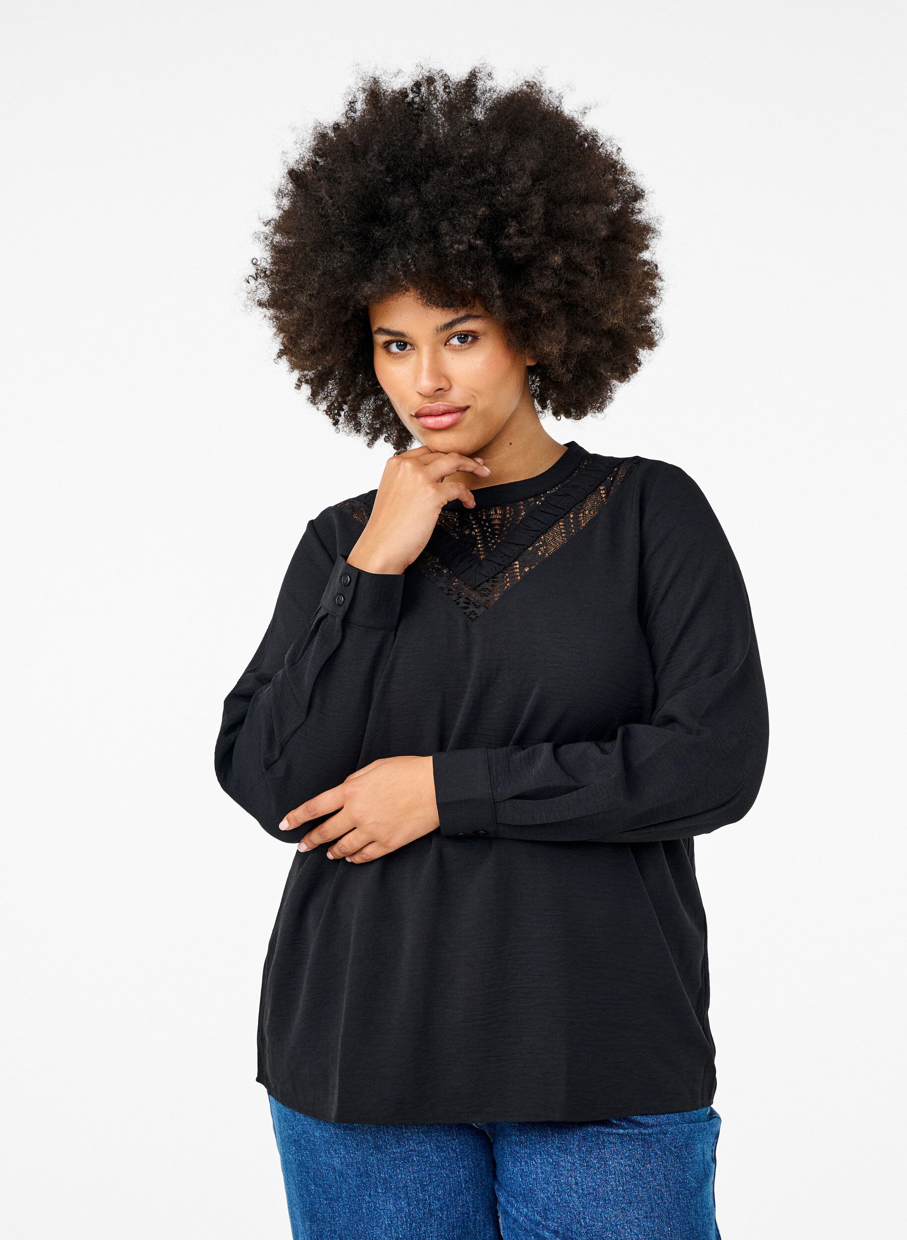 Zizzi Blus med spetsdetalj, Black, Model image number 0