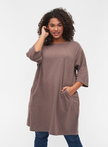Kampanjvara – Sweatshirtklänning i bomull med fickor och 3/4-ärmar, Iron Melange, Model image number 0