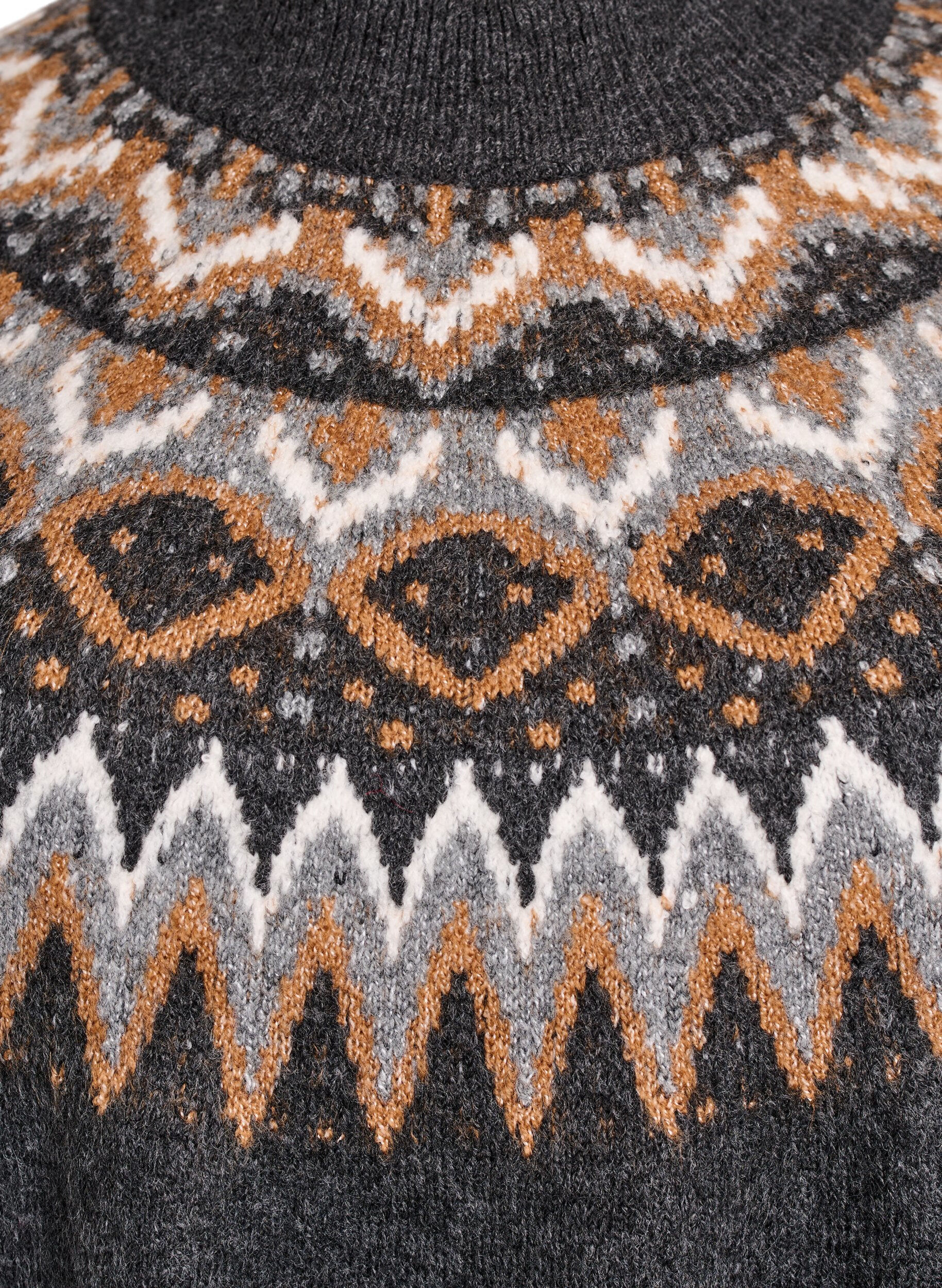 Zizzi Stickad kl&auml;nning med jacquardm&ouml;nster och ballong&auml;rmar, Gr&aring;, Packshot image number 2