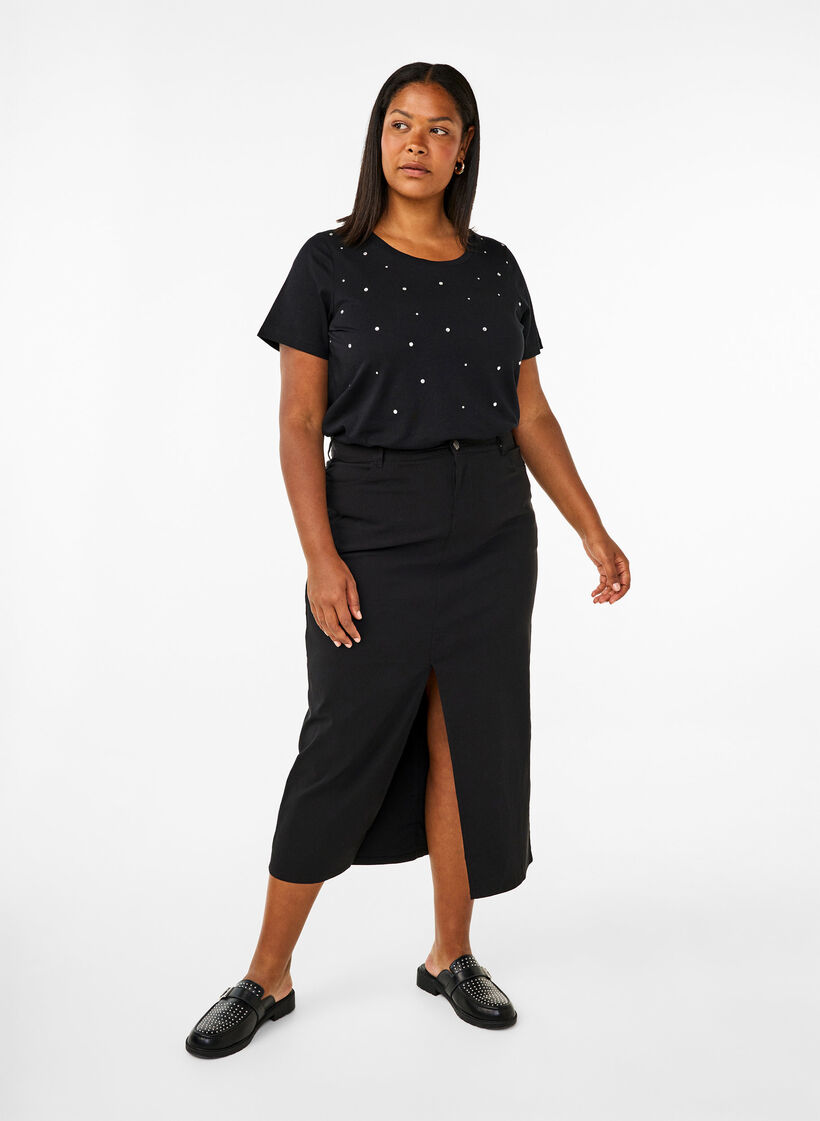 T-shirt i bomull med strasstenar, Black, Model image number 3