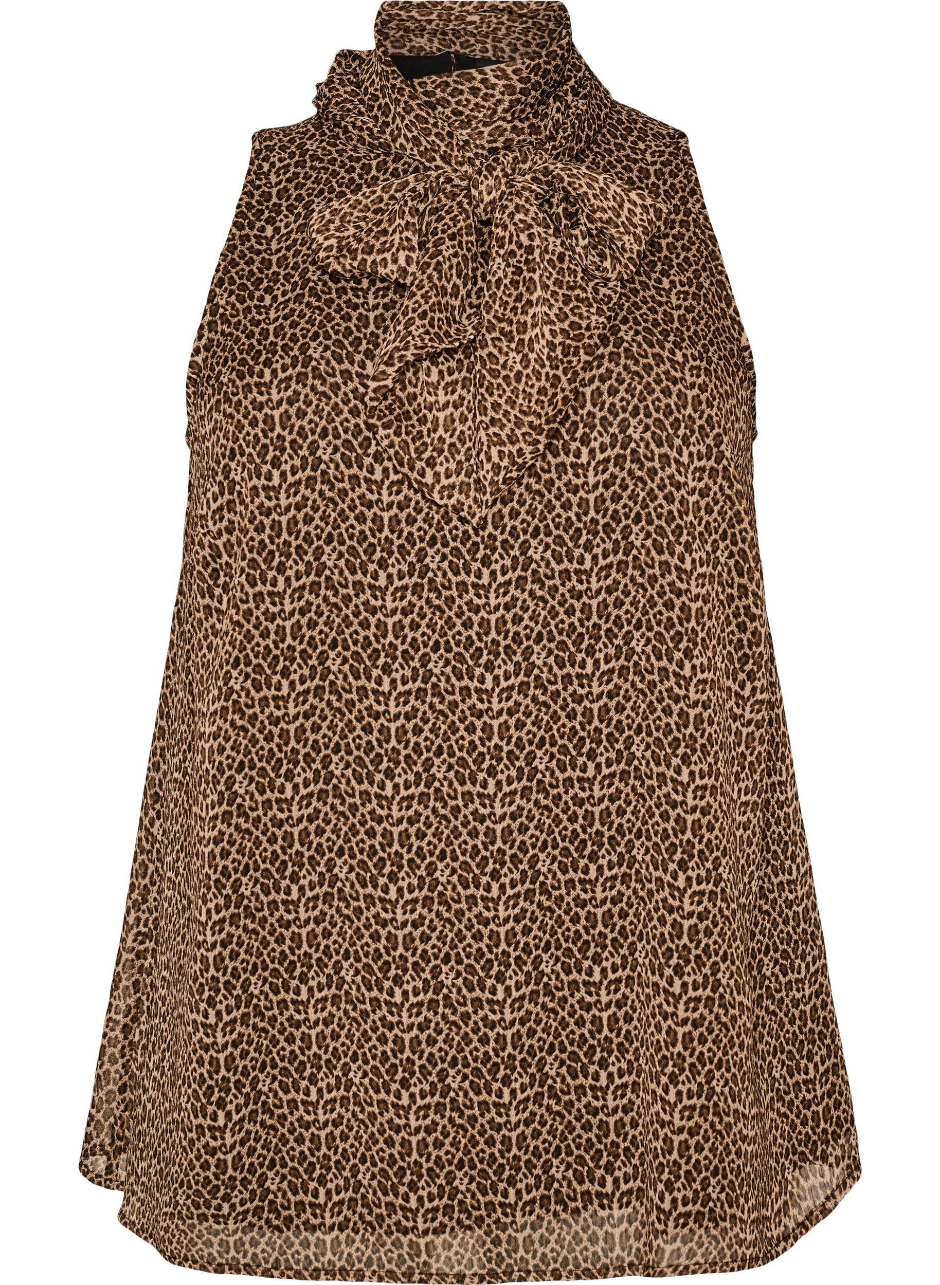 Zizzi&Auml;rml&ouml;s blus med h&ouml;g hals och rosett, Brun, Packshot image number 0
