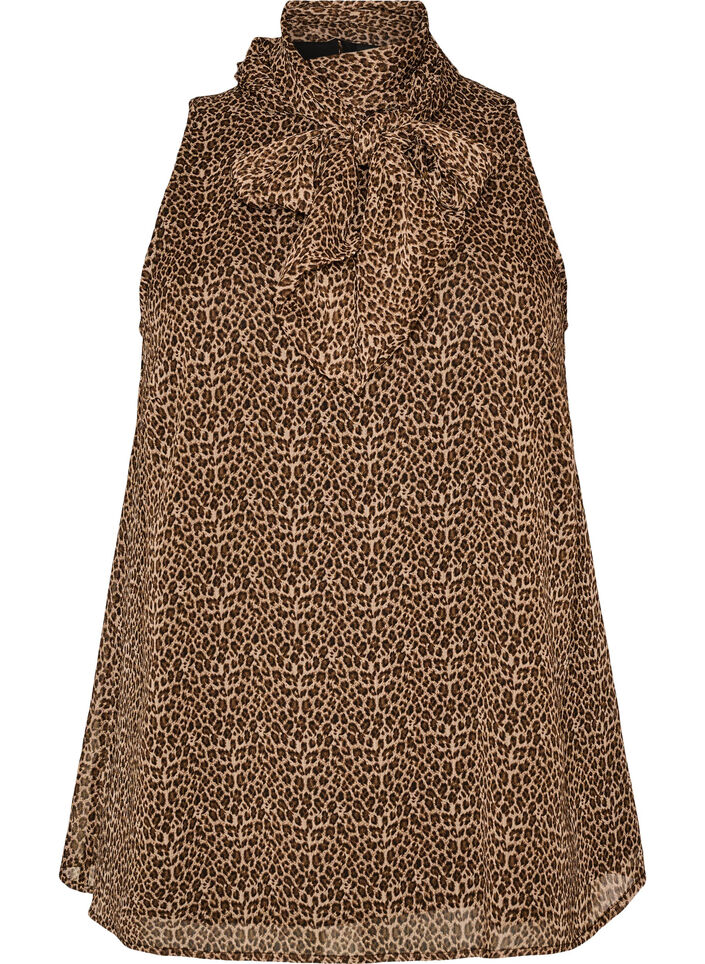 &Auml;rml&ouml;s blus med h&ouml;g hals och rosett, Brun, Packshot image number 0