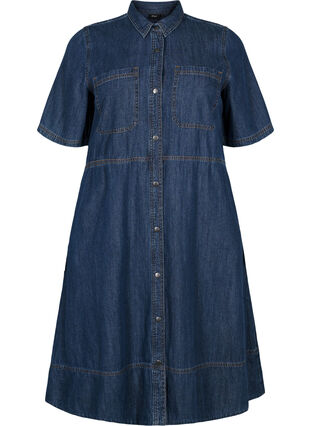 Skjortklänning i jeanstyg med korta ärmar, Dark blue denim, Packshot image number 0