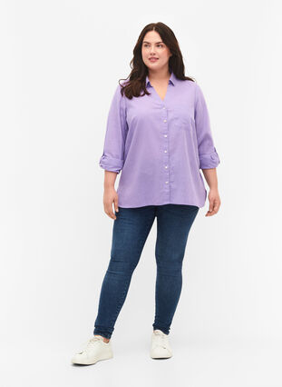 Skjortblus med knappstängning i bomull-linblandning, Lavender, Model image number 2