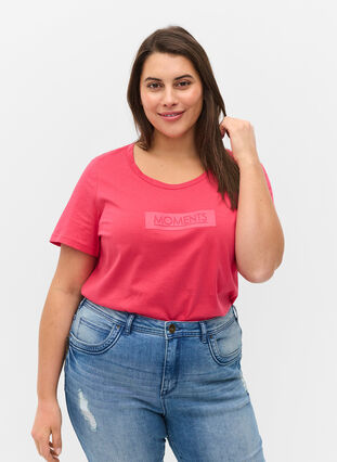 T-shirt i bomull med tryck, Raspberry TEXT, Model image number 0