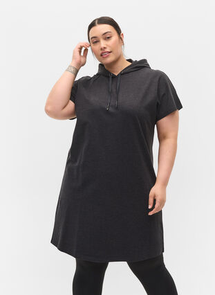 Sweatshirtklänning med huva och korta ärmar, Black DGM ASS, Model image number 0