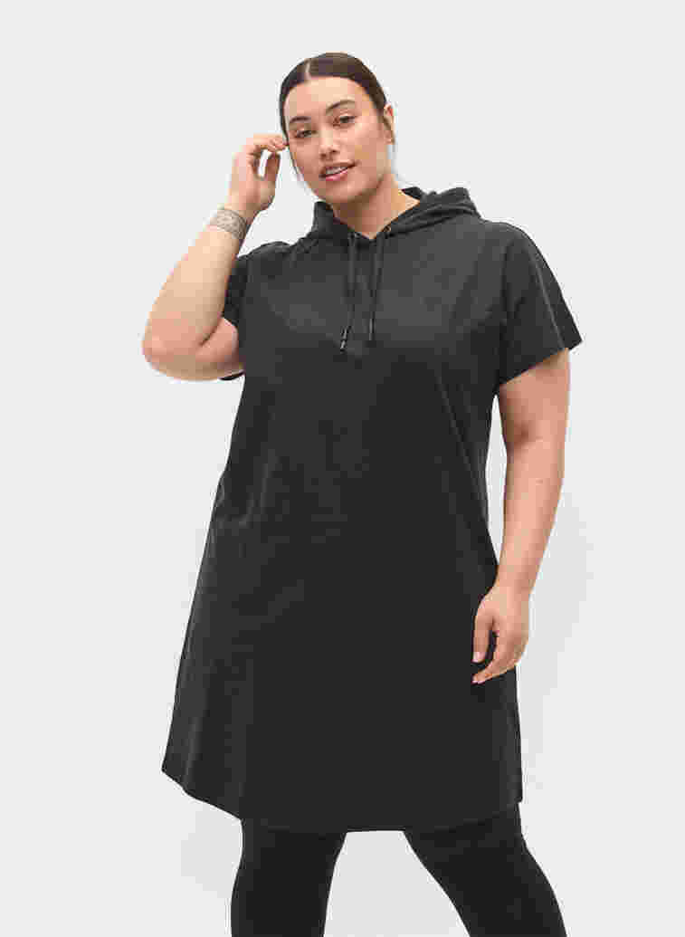 Sweatshirtklänning med huva och korta ärmar, Black DGM ASS, Model