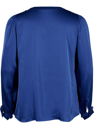 Skjortblus i satäng med volang, Deep Ultramarine, Packshot image number 1