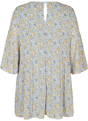 Plisserad tunika med blommigt tryck och 3/4 ärmar, Purple Yellow AOP, Packshot image number 1