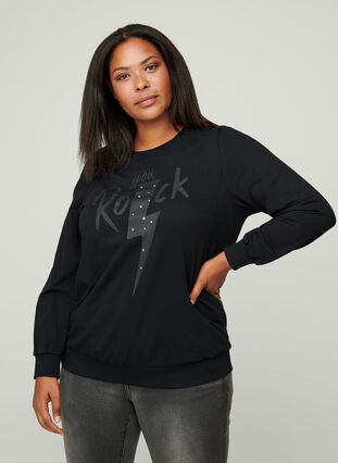 Sweatshirt i bomull med tryck på bröstet, Black w. Black, Model image number 0