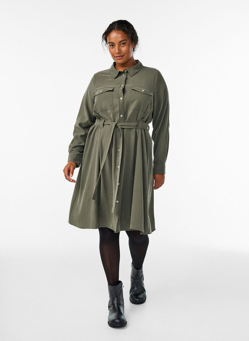 Skjortklänning med knytskärp och långa ärmar, Grön, Model image number 1