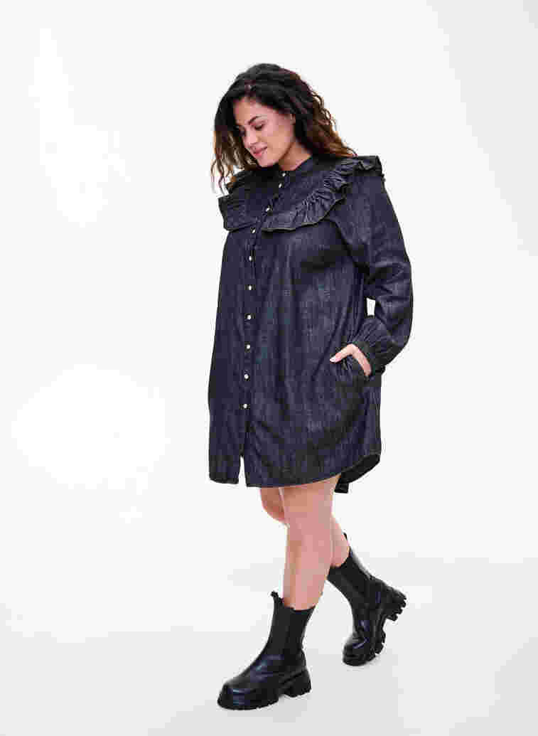 Jeansklänning med dekorativa knappar och volanger, Black Washed, Model image number 2