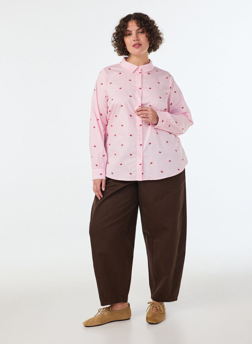 Skjorta med broderade blommor, Rosa, Model image number 1
