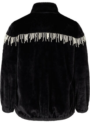 Kort jacka i fuskpäls med dekorativa pärlor, Black, Packshot image number 1