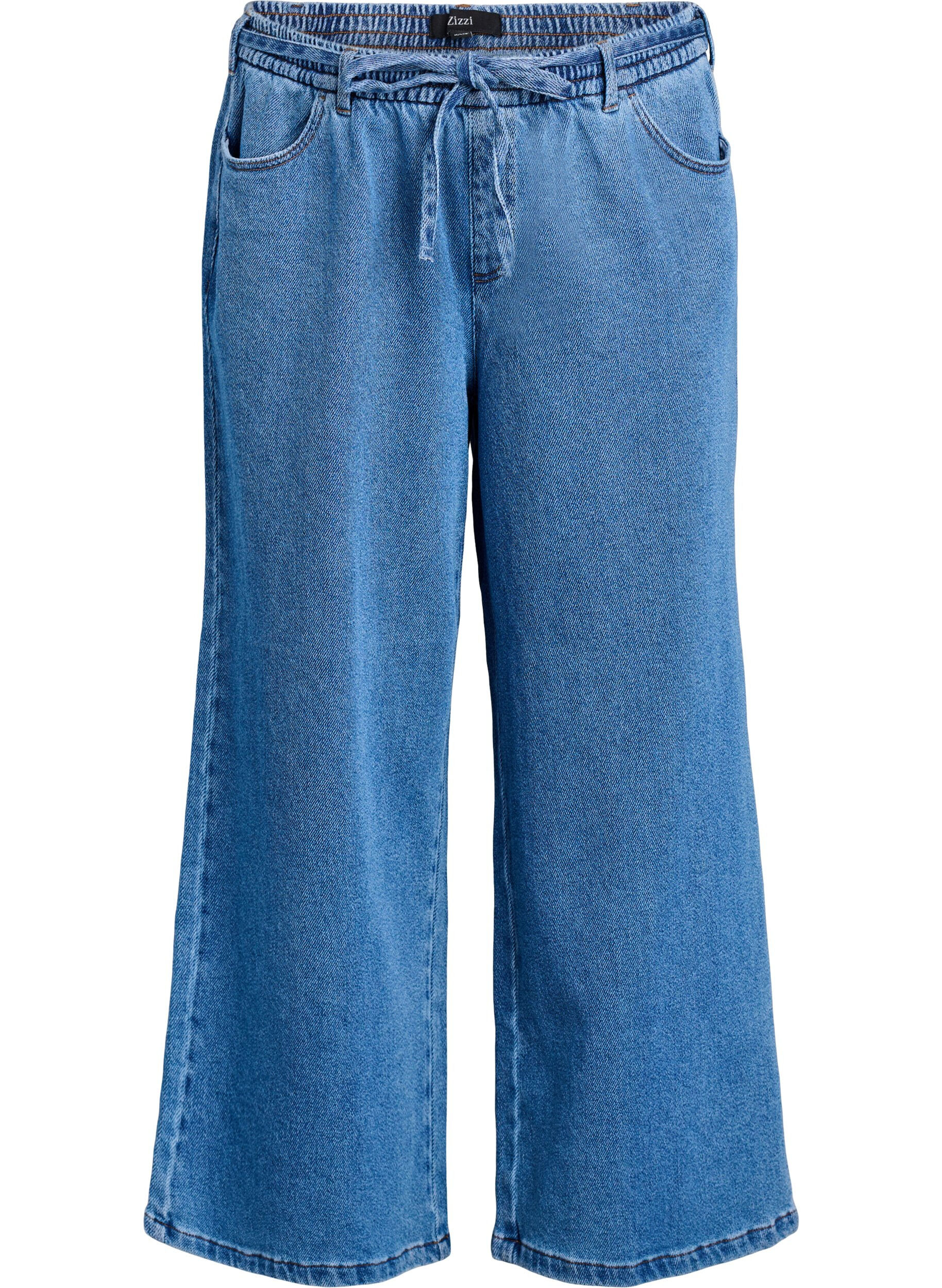 Jeans med l&ouml;s passform, res&aring;r och dragsko