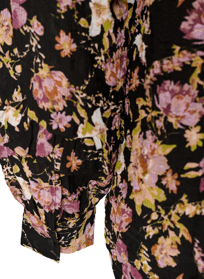 Blus med blomsterm&ouml;nster och volangdetaljer, Svart, Packshot image number 3