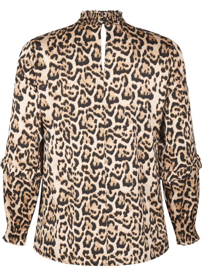 Leopardmönstrad blus med smock, Brun, Packshot image number 1