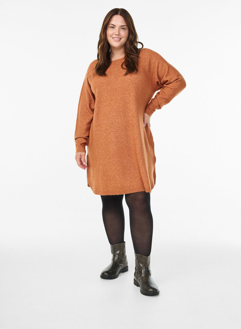 Stickad kort klänning med rund halsringning, Orange, Model image number 1