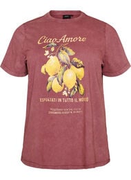 T-shirt i bomull med tryck framtill och en tv&auml;ttad look, R&ouml;d