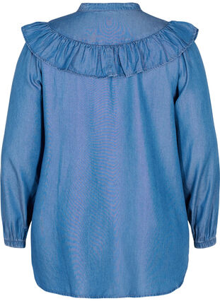 Långärmad skjorta med volanger i lyocell(TENCEL™), Blue denim, Packshot image number 1