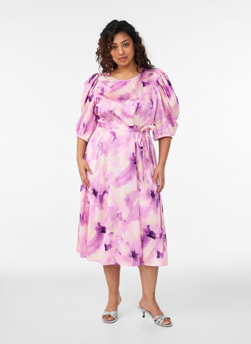 Kort&auml;rmad festkl&auml;nning med knytsk&auml;rp, Lila, Model image number 0