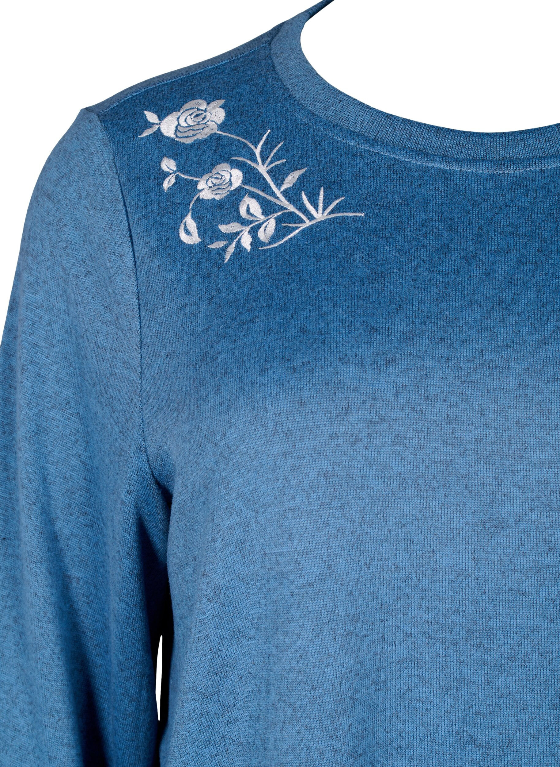 Zizzi Blus med blommigt broderi och 3/4-&auml;rmar, Copen Blue Melange, Packshot image number 2
