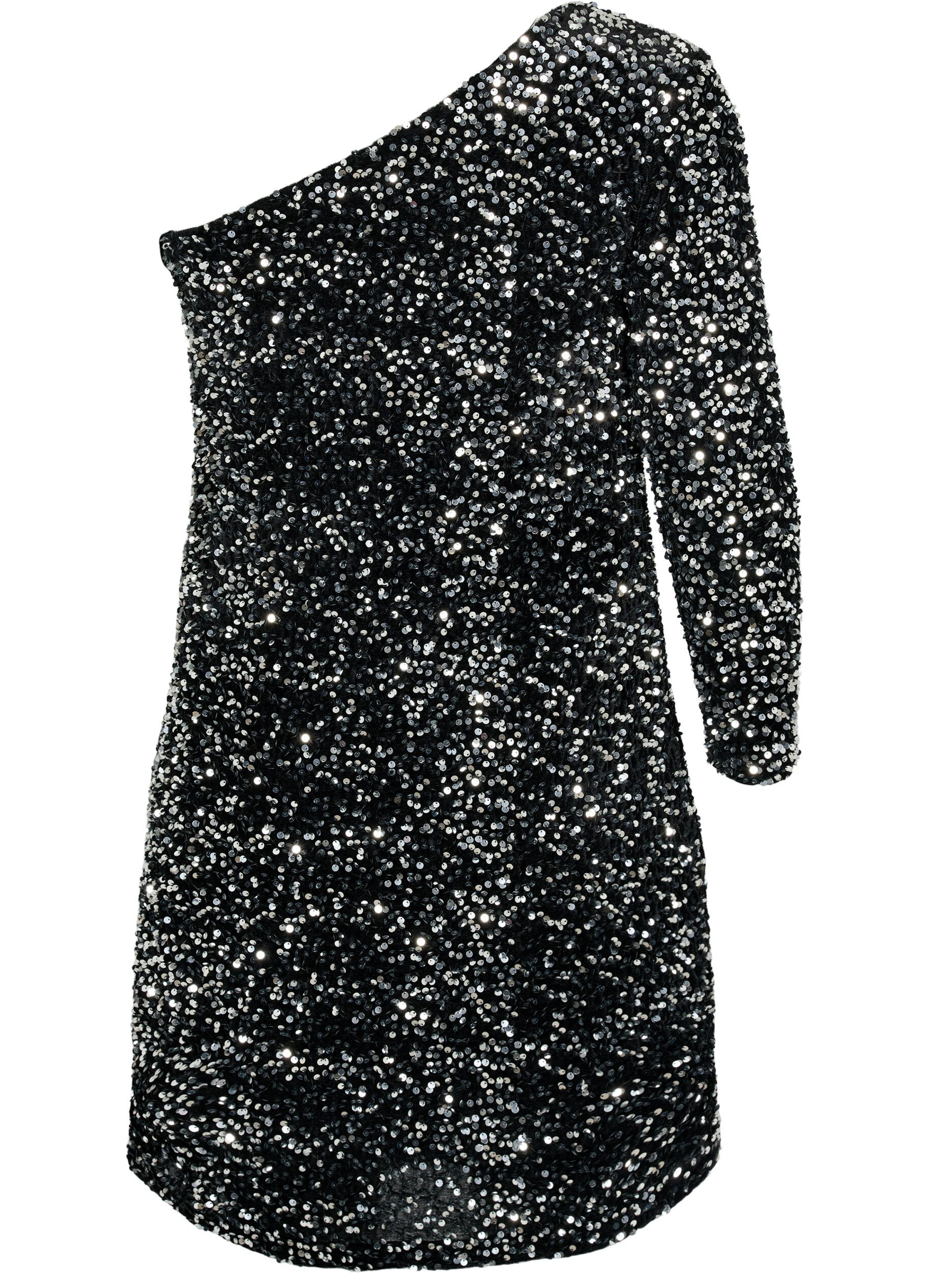Zizzi Kort one-shoulder kl&auml;nning med paljetter, Black/Silver Sequins, Packshot image number 1
