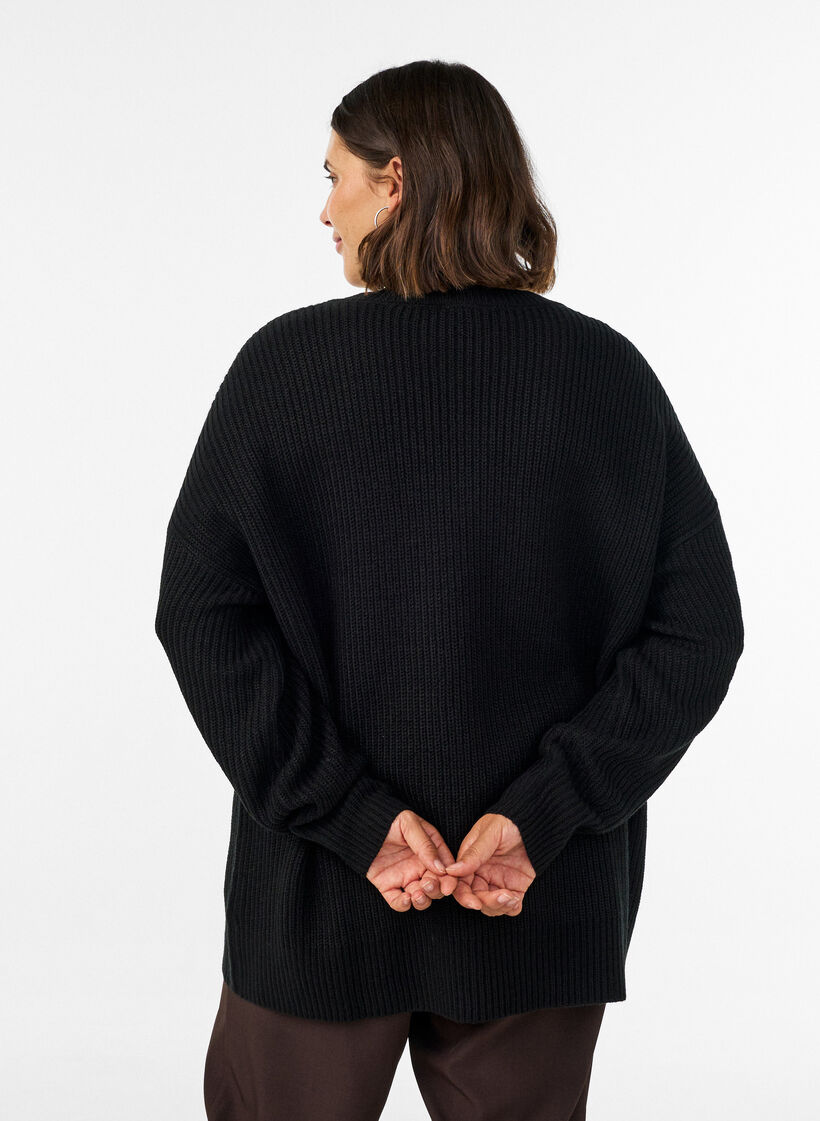 L&aring;ng ribbstickad blus med V-ringning, Svart, Model image number 2