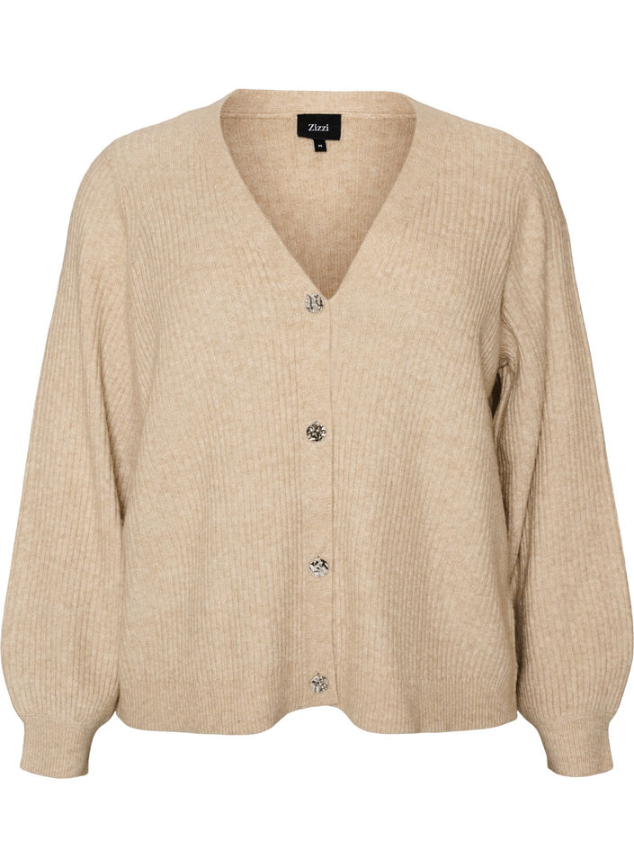 Kofta med V-ringning och ribbad struktur, Beige, Packshot image number 0