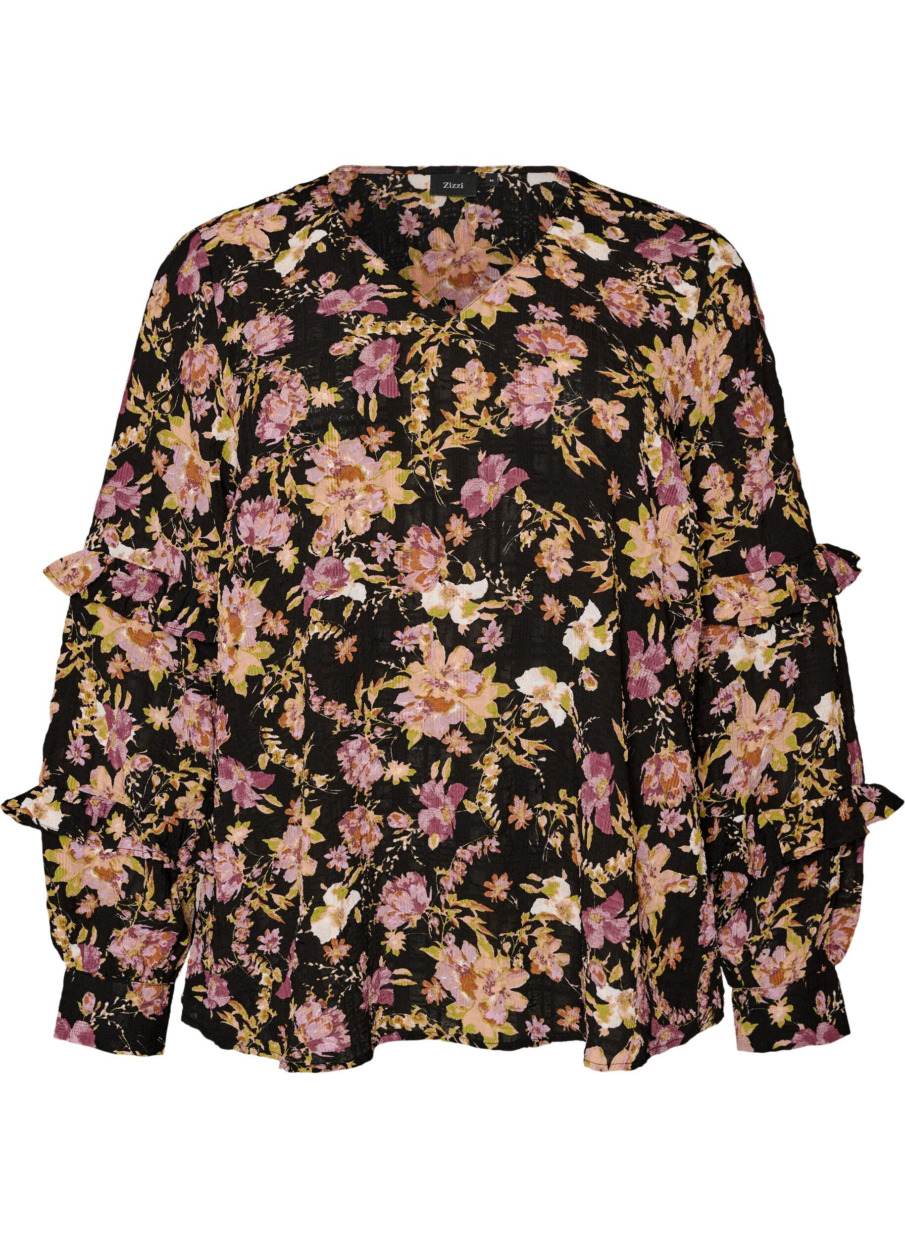 ZizziBlus med blomsterm&ouml;nster och volangdetaljer, Svart, Packshot image number 0